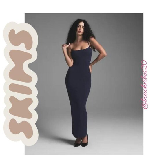 SKIMS Fits Everybody Long Slip Dress Navy Small NWOT - Picture 1 of 5